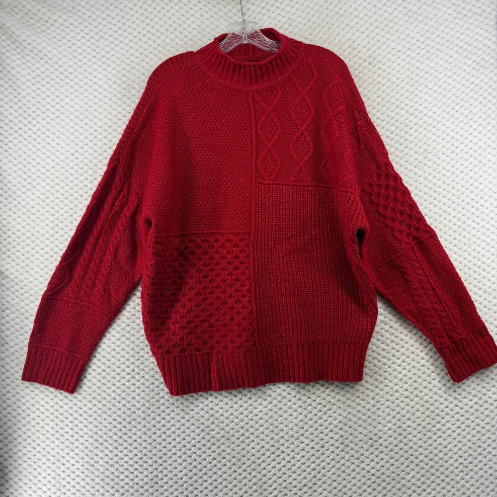 American Eagle Red Cable Knit Patchwork Sweater W… - image 2